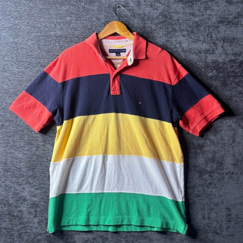 Tommy Hilfiger Mens Large Multi Color Striped Short Sleeve Polo Shirt Preppy Y2K
